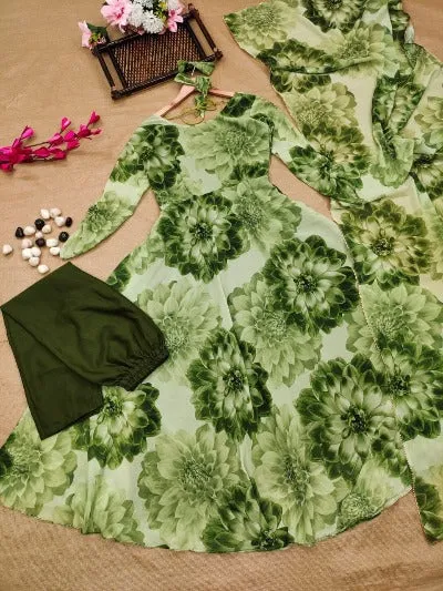 Mehendi Green Floral Georgette Kurti Dupatta Set