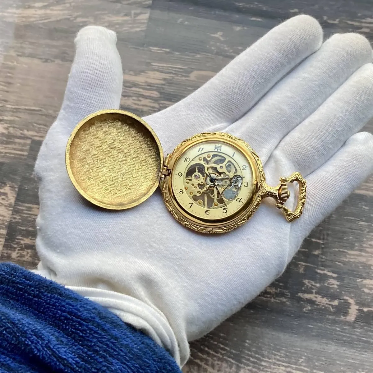 Mumei Pocket Watch Skeleton Hunter Case Antique 45mm Gold