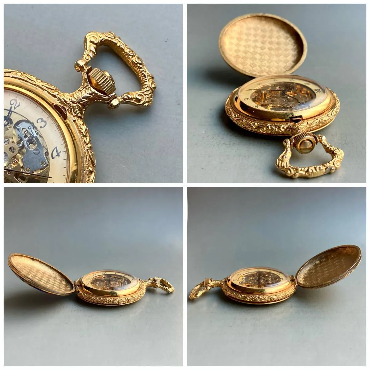 Mumei Pocket Watch Skeleton Hunter Case Antique 45mm Gold