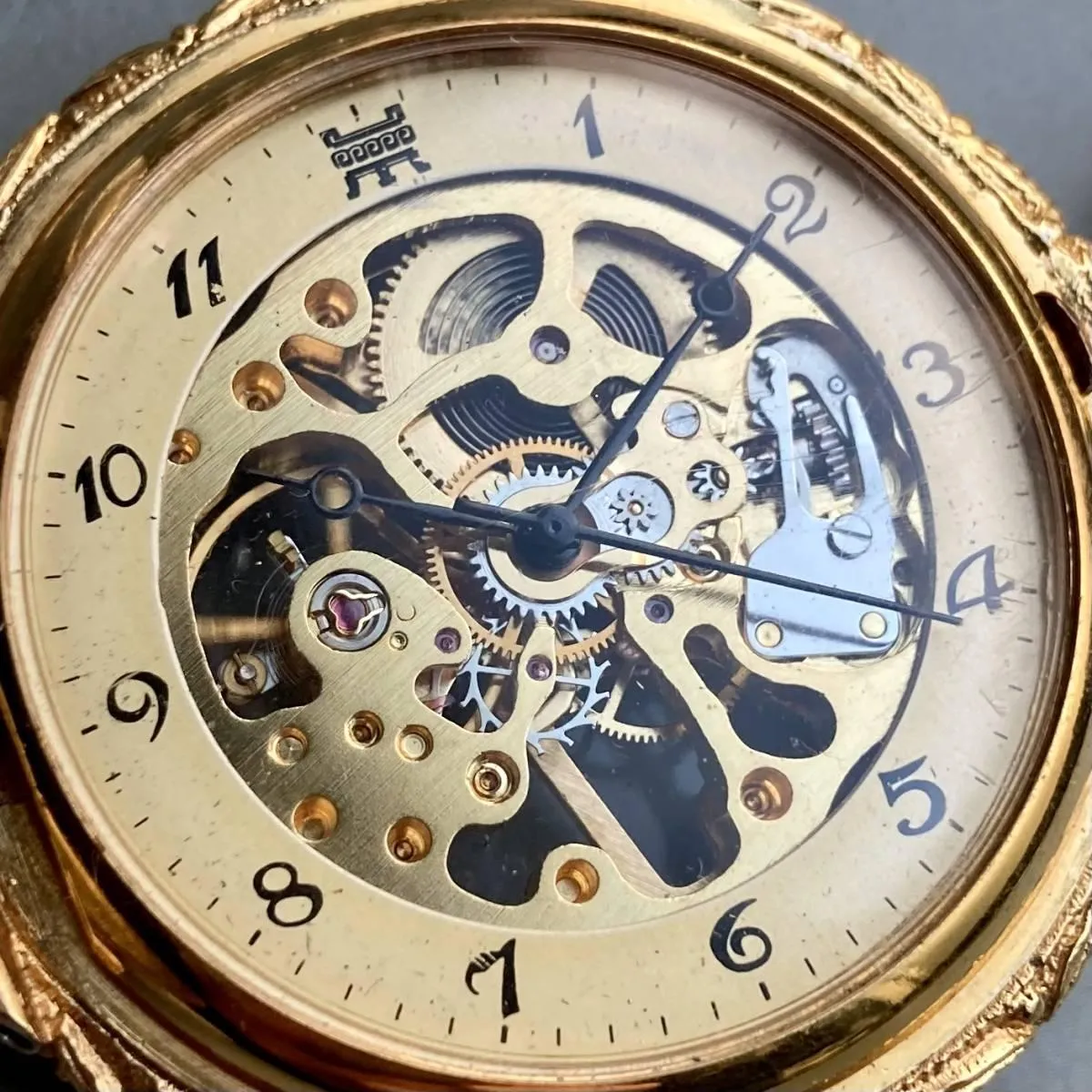 Mumei Pocket Watch Skeleton Hunter Case Antique 45mm Gold