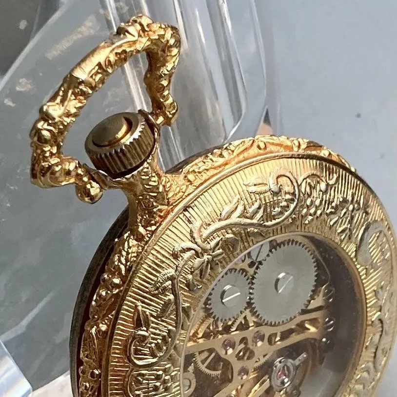 Mumei Pocket Watch Skeleton Hunter Case Antique 45mm Gold