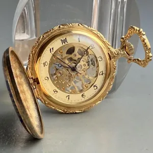 Mumei Pocket Watch Skeleton Hunter Case Antique 45mm Gold