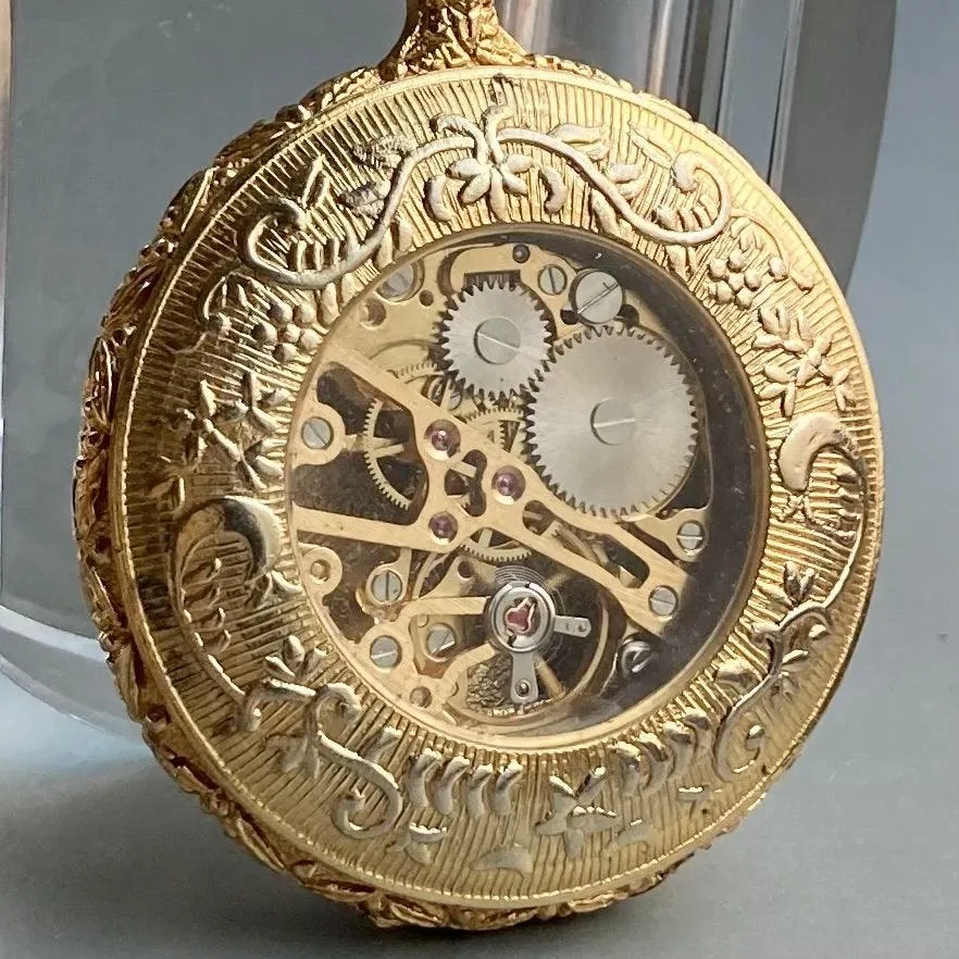 Mumei Pocket Watch Skeleton Hunter Case Antique 45mm Gold
