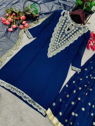 Navy Blue Georgette Real Mirror Handwork Designer Palazzo Suit Set