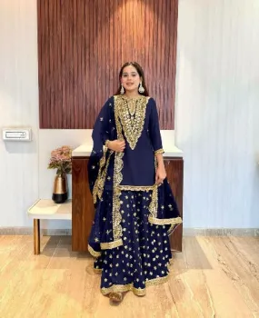 Navy Blue Georgette Real Mirror Handwork Designer Palazzo Suit Set