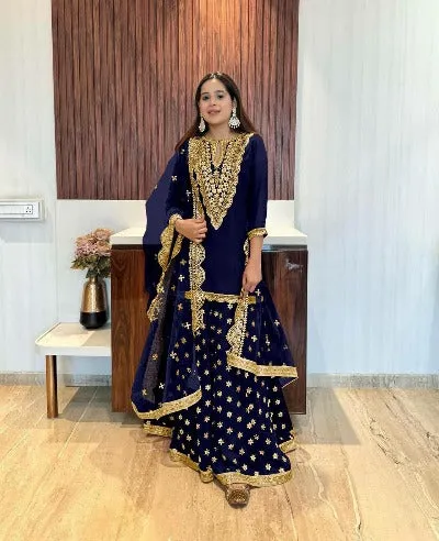 Navy Blue Georgette Real Mirror Handwork Designer Palazzo Suit Set