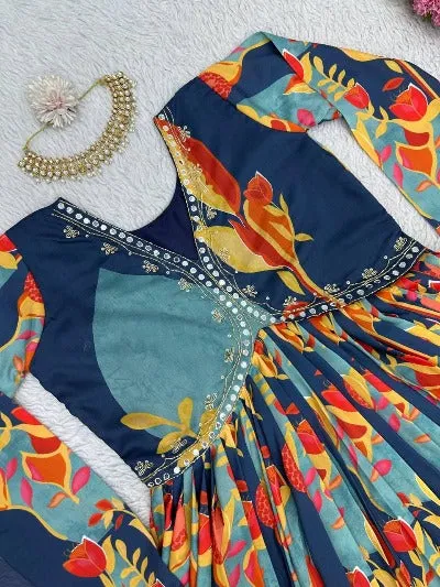 Navy Blue Muslin Digital Print Aliya Cut Salwar Suit Set