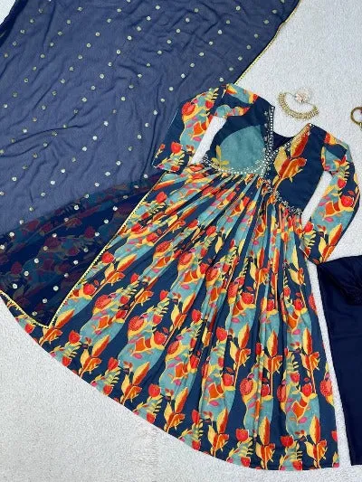 Navy Blue Muslin Digital Print Aliya Cut Salwar Suit Set