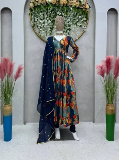 Navy Blue Muslin Digital Print Aliya Cut Salwar Suit Set