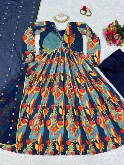 Navy Blue Muslin Digital Print Aliya Cut Salwar Suit Set