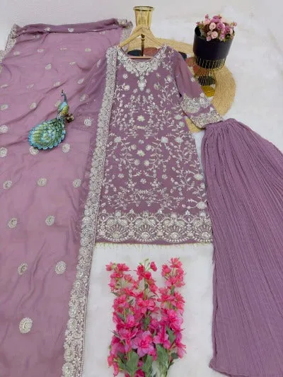 Pastel Lavender Georgette Heavy Embroidered Sequence Work Palazzo Suit Set