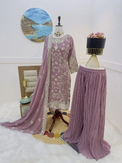 Pastel Lavender Georgette Heavy Embroidered Sequence Work Palazzo Suit Set
