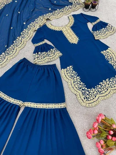 Peacock Blue Georgette Heavy Embroidered Sharara Suit Set