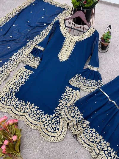 Peacock Blue Georgette Heavy Embroidered Sharara Suit Set