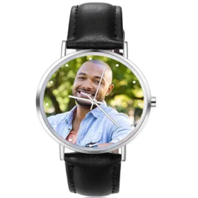 Personalized Photo and Custom Message Watch Black Leather Band