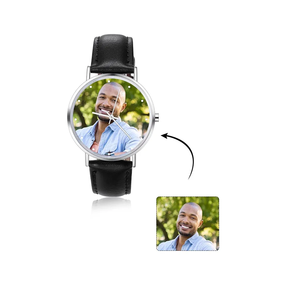 Personalized Photo and Custom Message Watch Black Leather Band