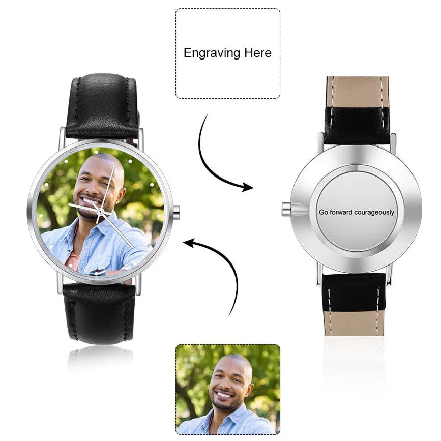 Personalized Photo and Custom Message Watch Black Leather Band