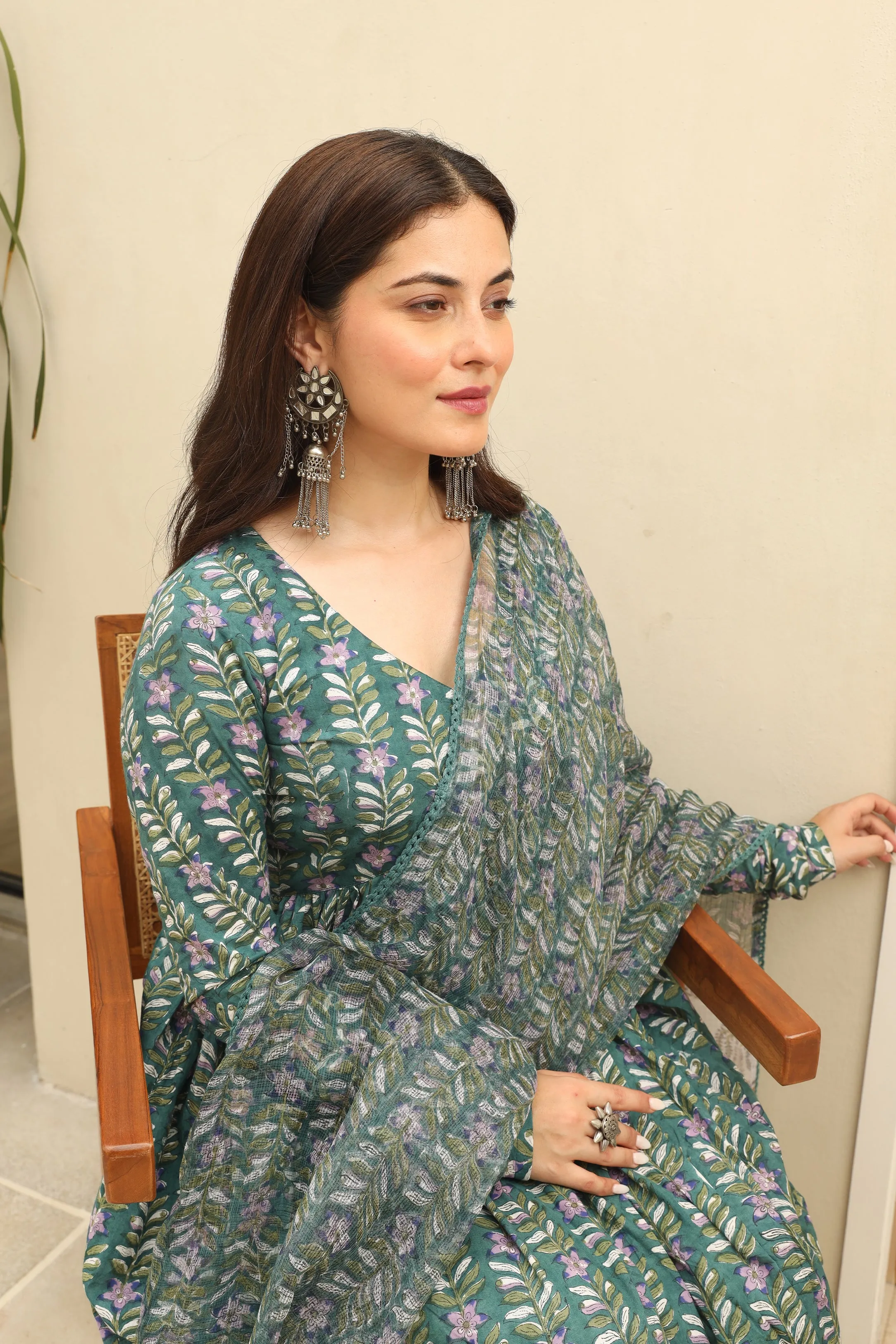 Pine green Cotton Handblock Anarkali Suit Set