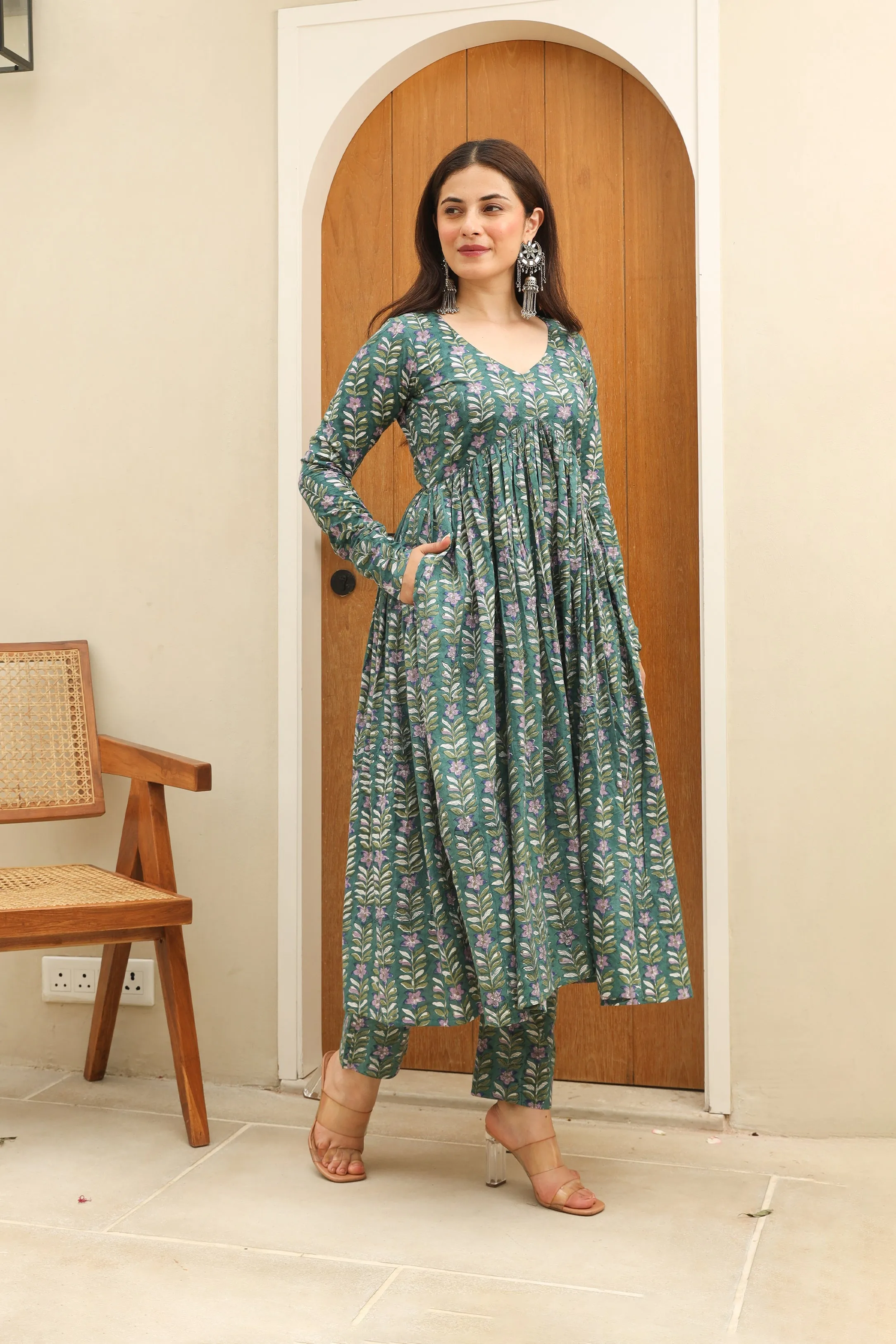 Pine green Cotton Handblock Anarkali Suit Set