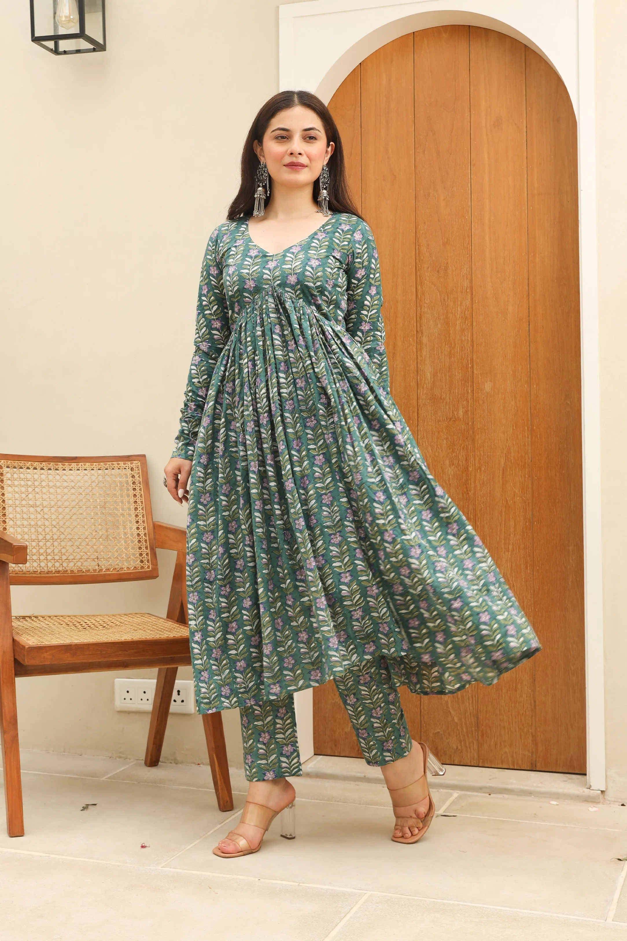 Pine green Cotton Handblock Anarkali Suit Set