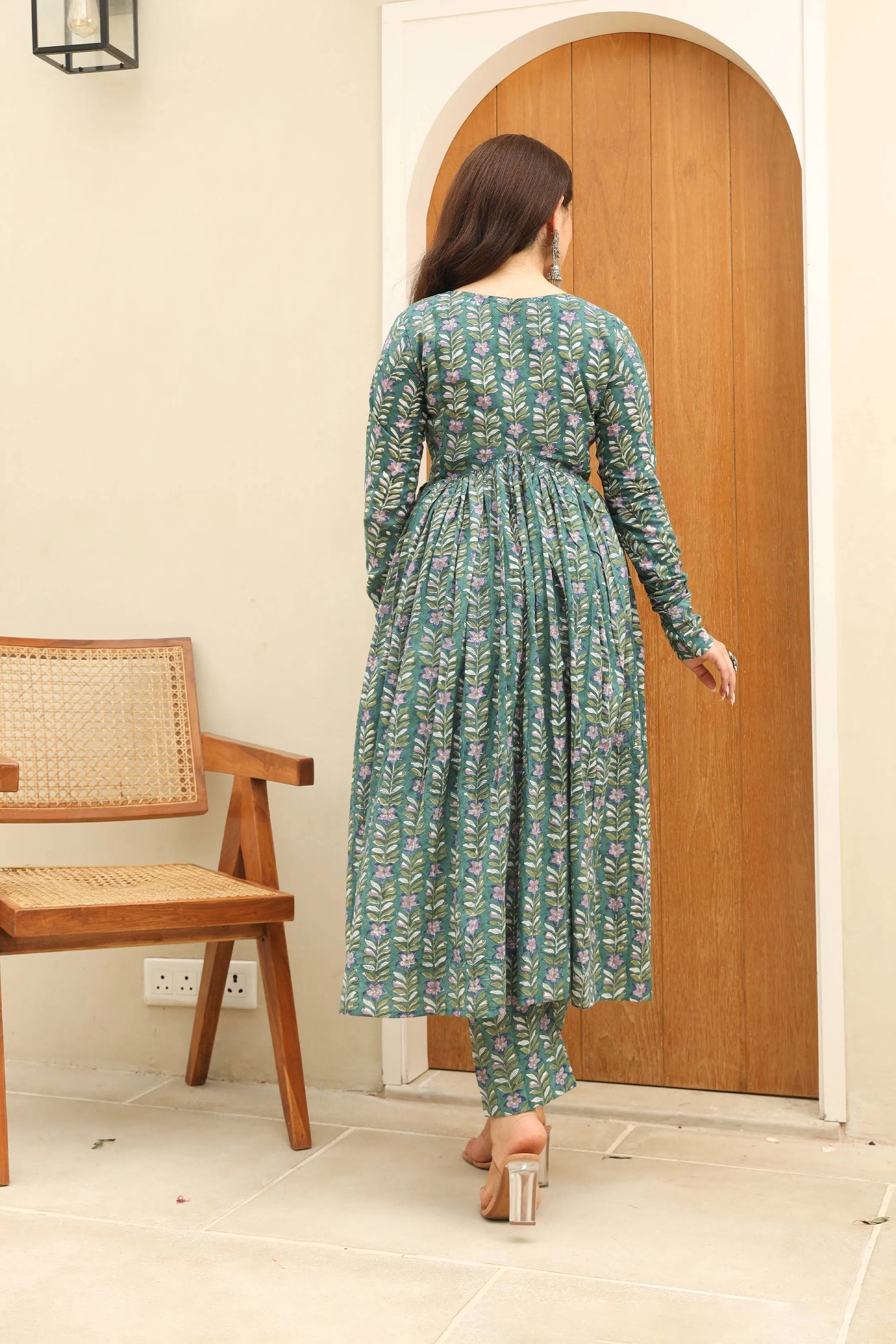 Pine green Cotton Handblock Anarkali Suit Set
