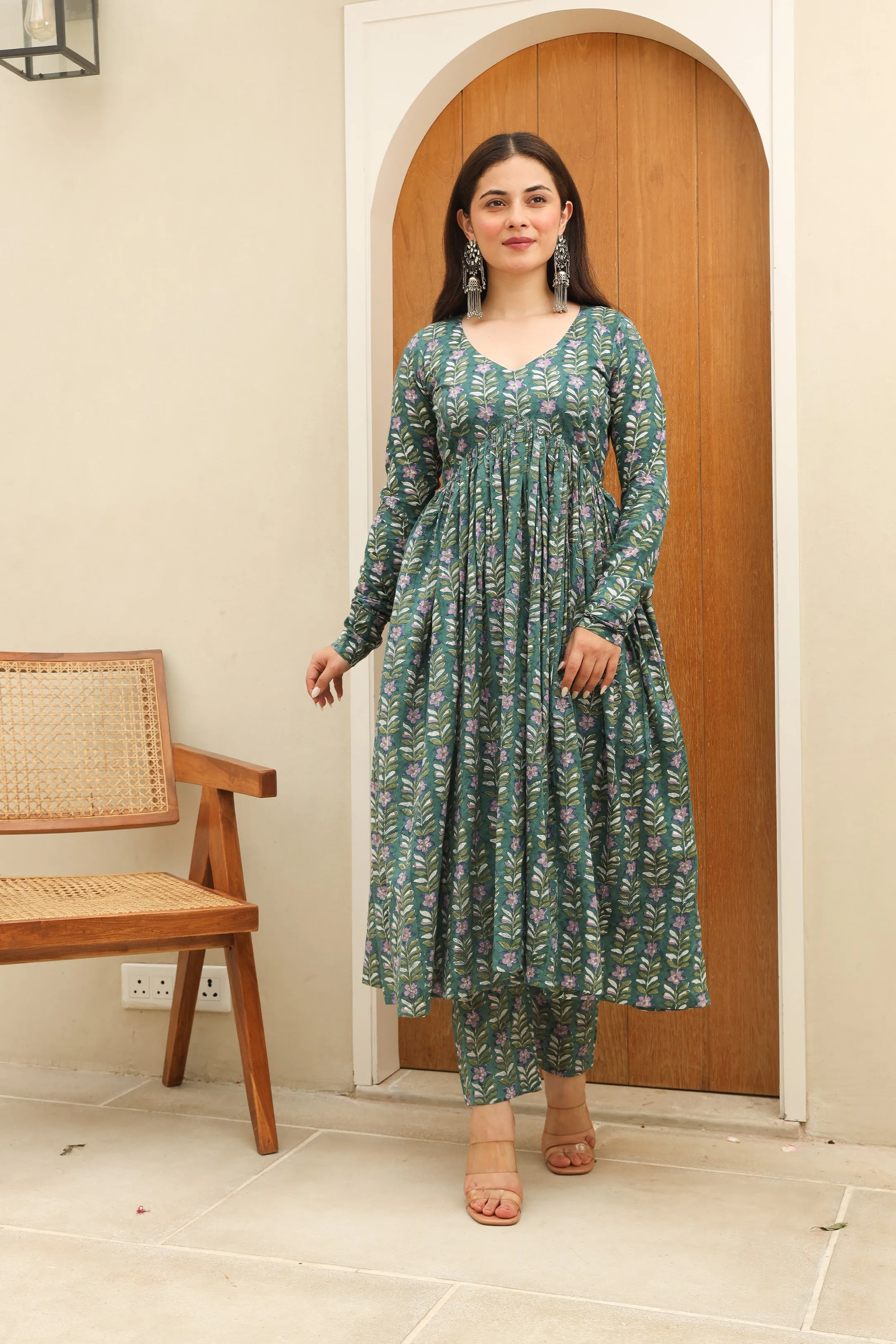 Pine green Cotton Handblock Anarkali Suit Set