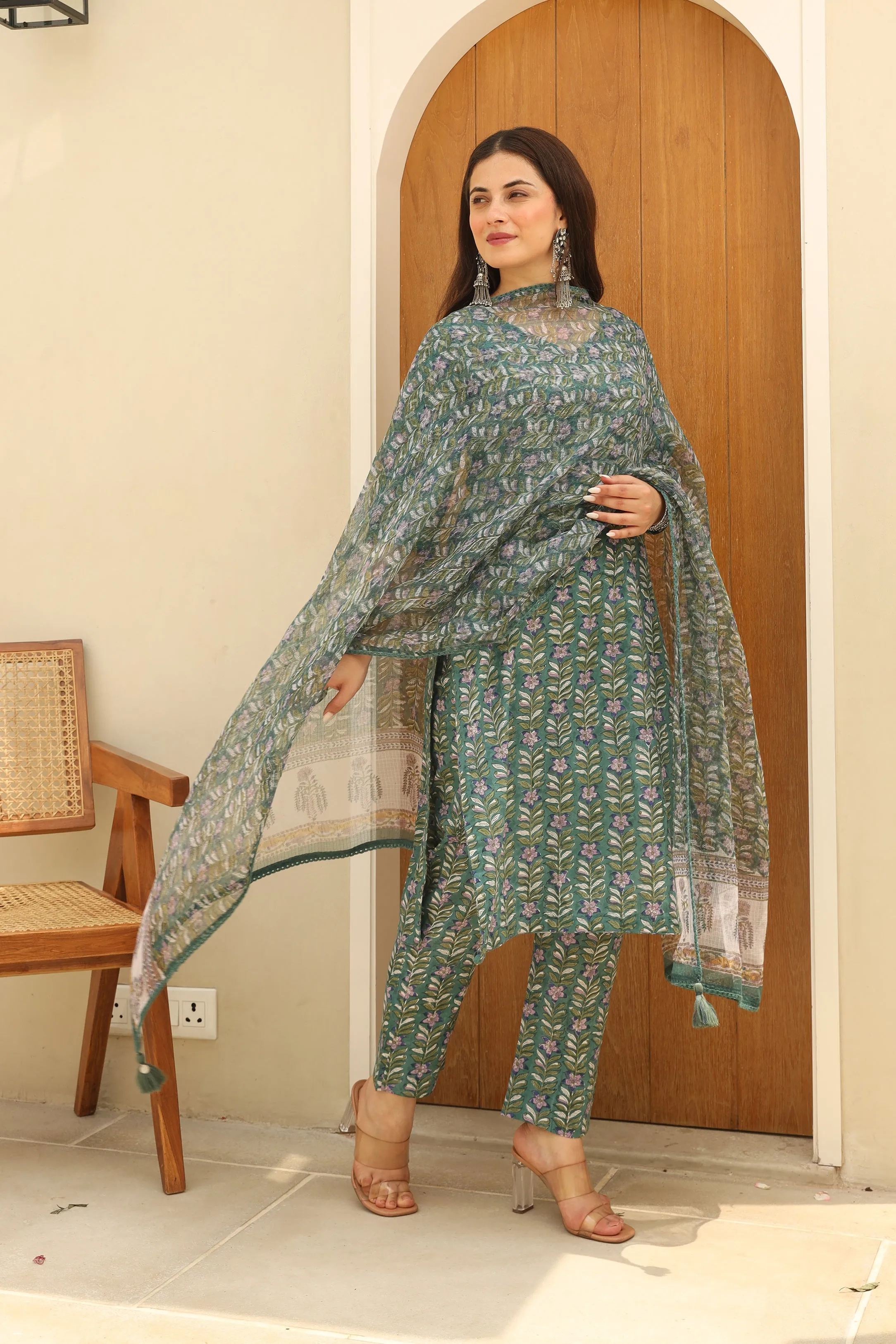 Pine Green Flowery Cotton Handblock Print Suit Set