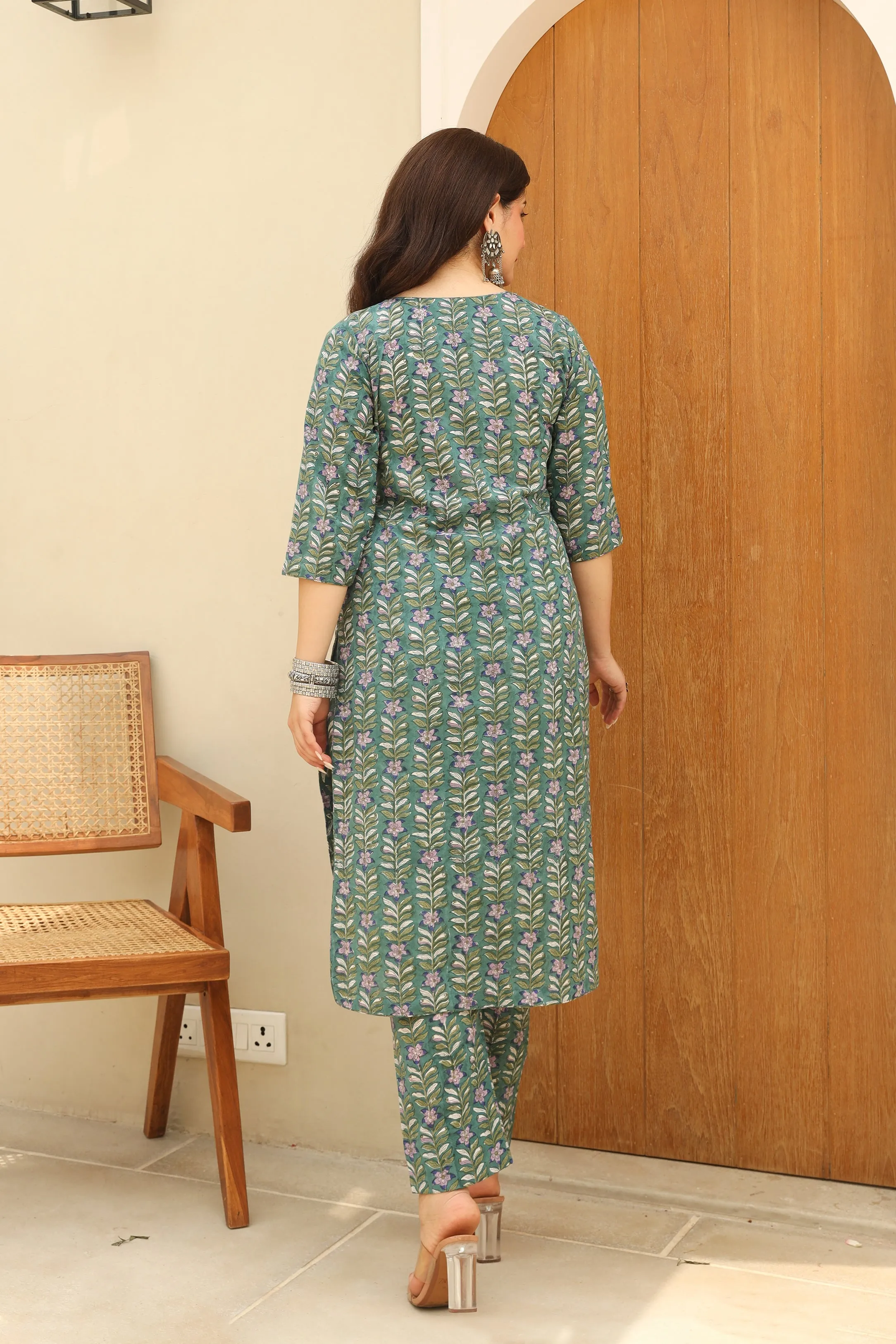 Pine Green Flowery Cotton Handblock Print Suit Set