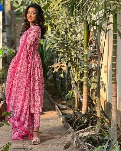 Pink Saganeri Printed Adda Work Cotton Anarkali Suit Set