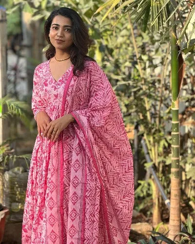 Pink Saganeri Printed Adda Work Cotton Anarkali Suit Set