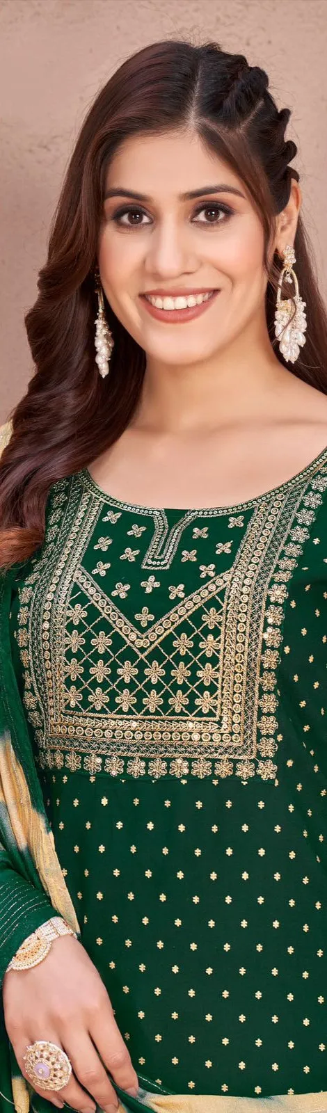 Rayon Embroidery Sequence Party Wear Women's Kurta Suit Green