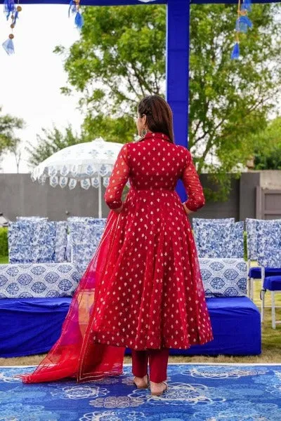 Red Collared Georgette Anarkali Gown With Dupatta Set Of 2
