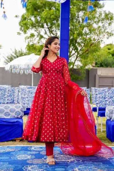Red Collared Georgette Anarkali Gown With Dupatta Set Of 2