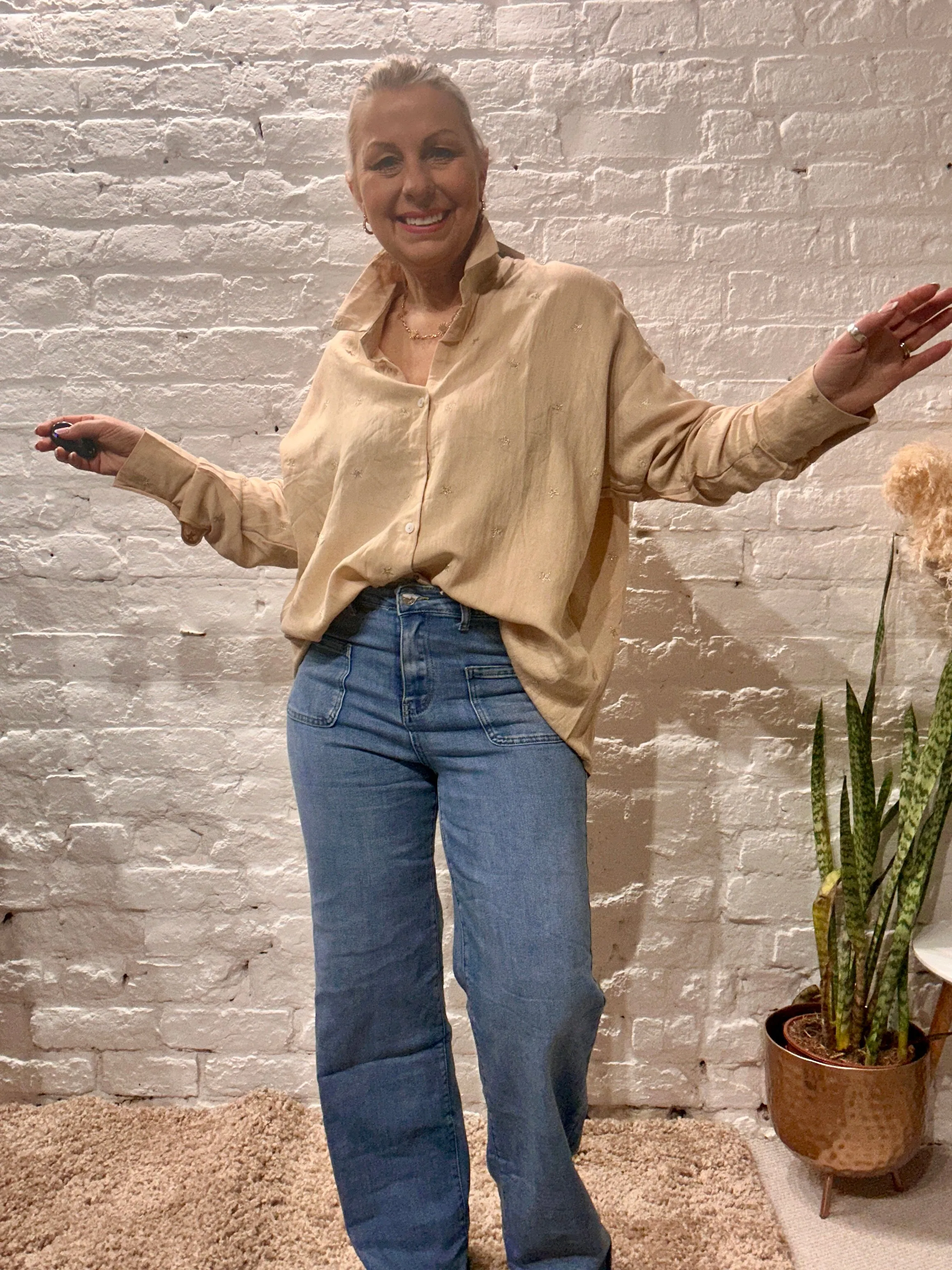 The Prezzo Linen Mix Button Through Embroidered Start Shirt Small to medium