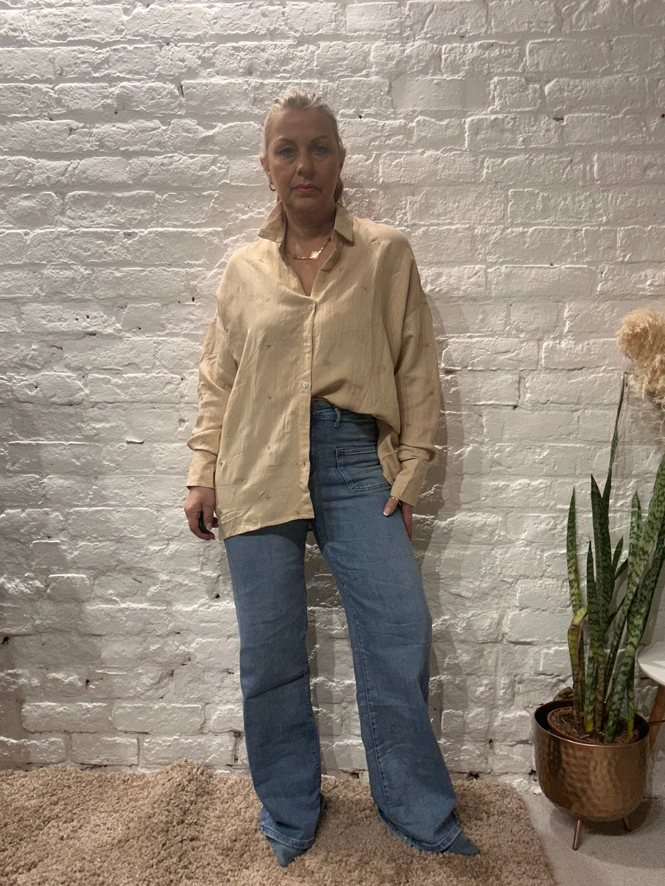 The Prezzo Linen Mix Button Through Embroidered Start Shirt Small to medium