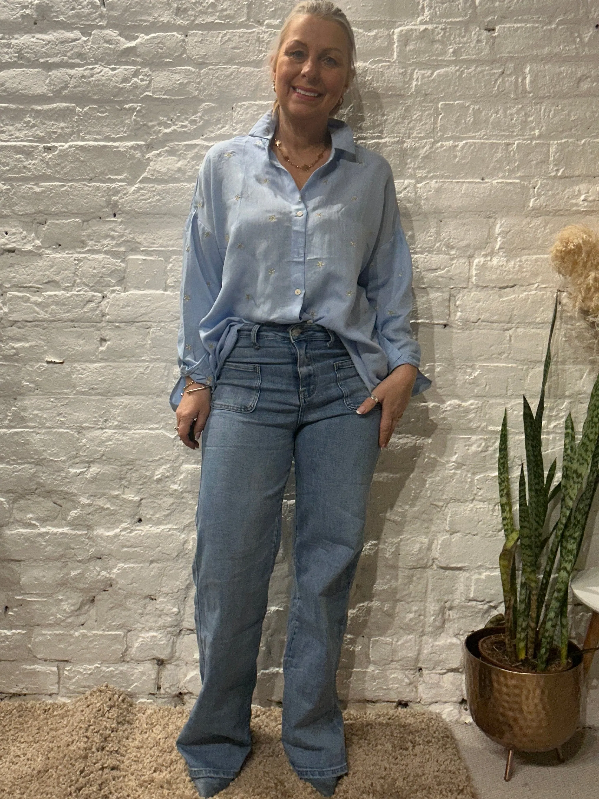 The Prezzo Linen Mix Button Through Embroidered Start Shirt Small to medium