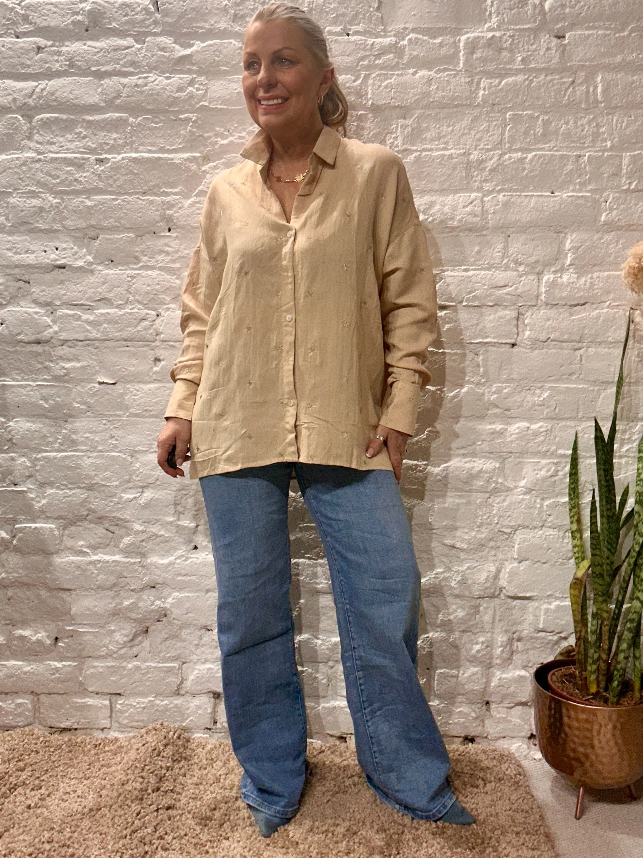 The Prezzo Linen Mix Button Through Embroidered Start Shirt Small to medium