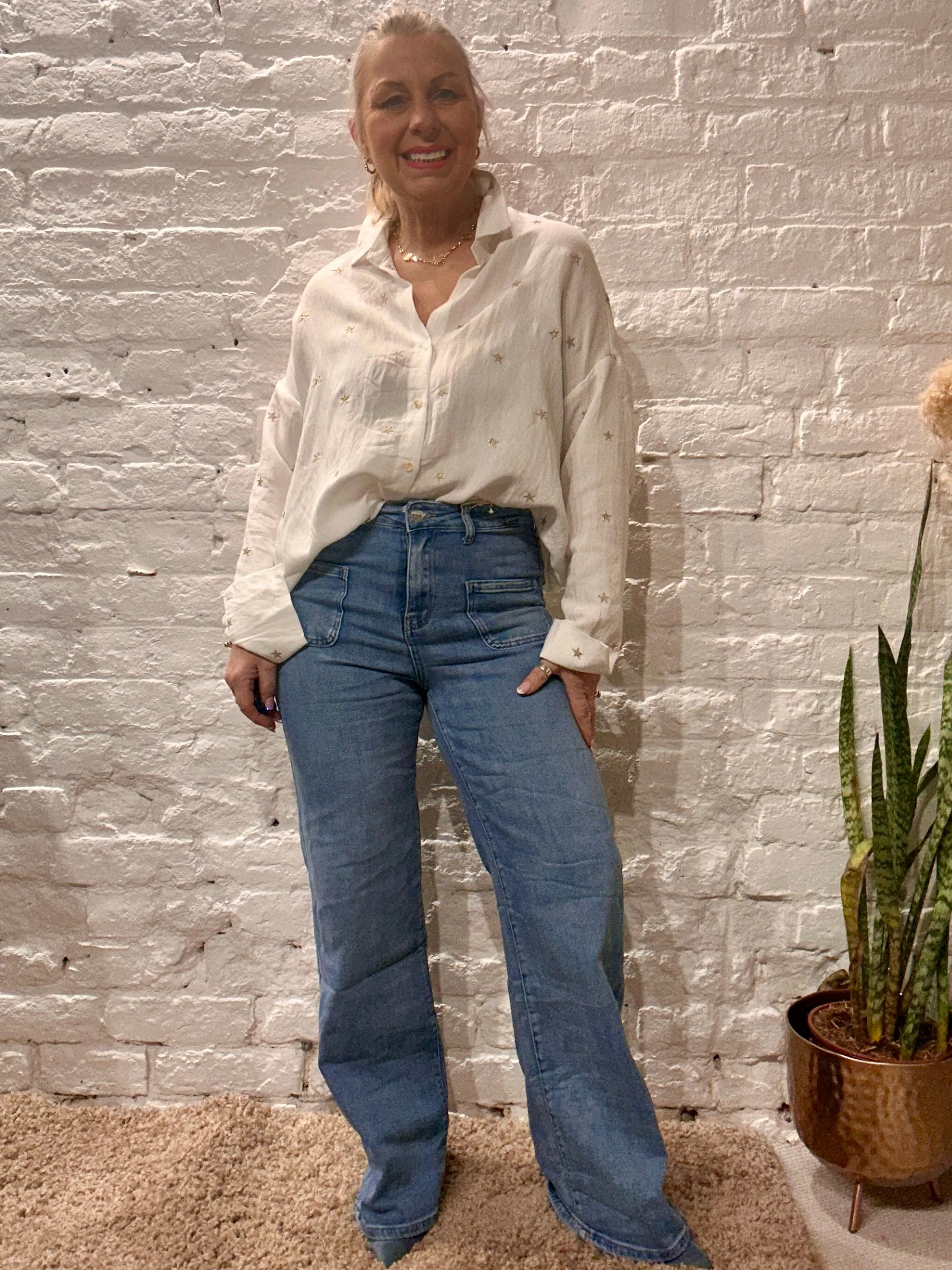 The Prezzo Linen Mix Button Through Embroidered Start Shirt Small to medium