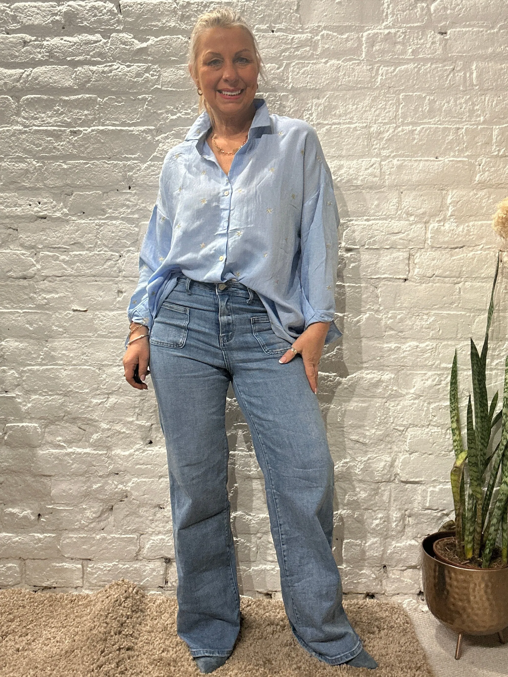 The Prezzo Linen Mix Button Through Embroidered Start Shirt Small to medium