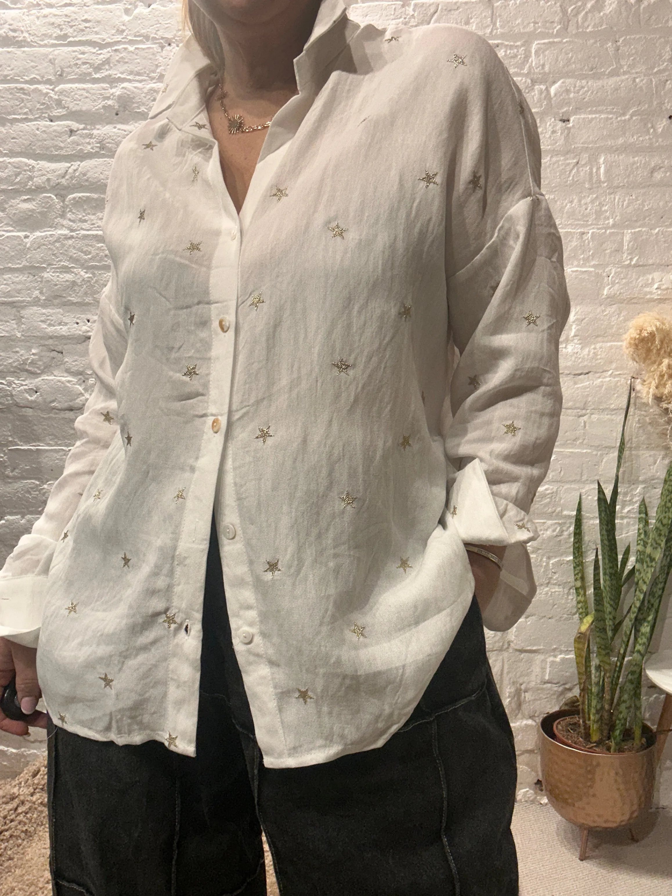 The Prezzo Linen Mix Button Through Embroidered Start Shirt Small to medium