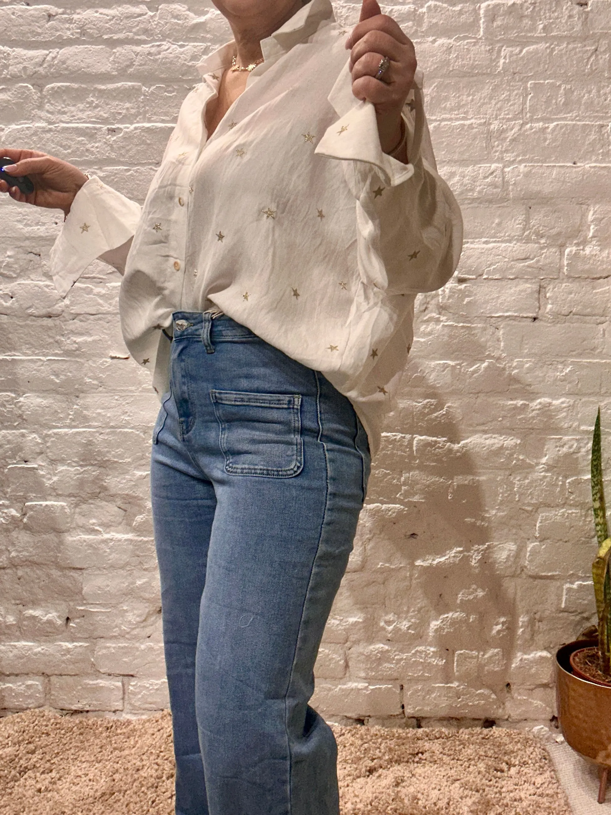 The Prezzo Linen Mix Button Through Embroidered Start Shirt Small to medium