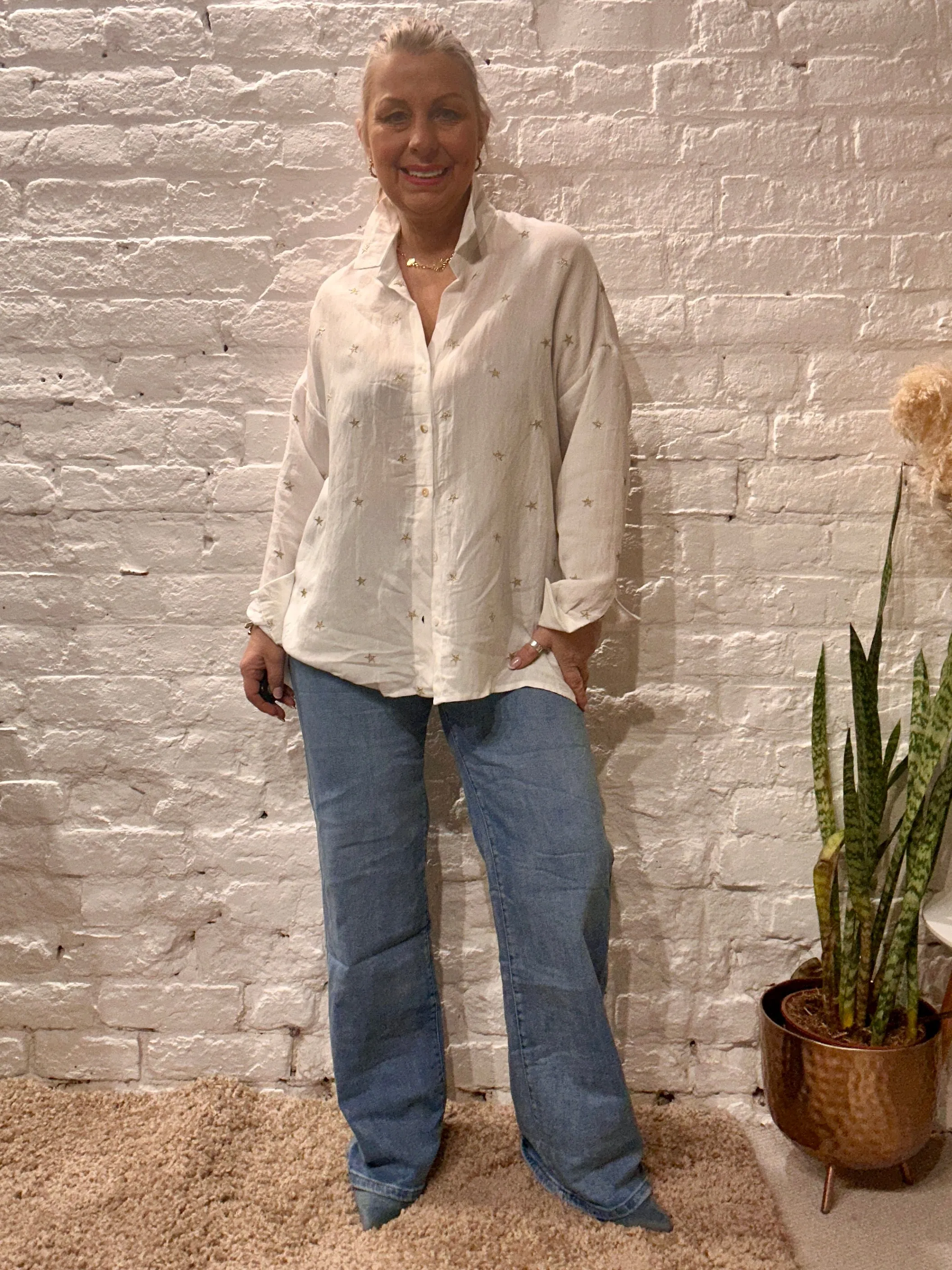 The Prezzo Linen Mix Button Through Embroidered Start Shirt Small to medium