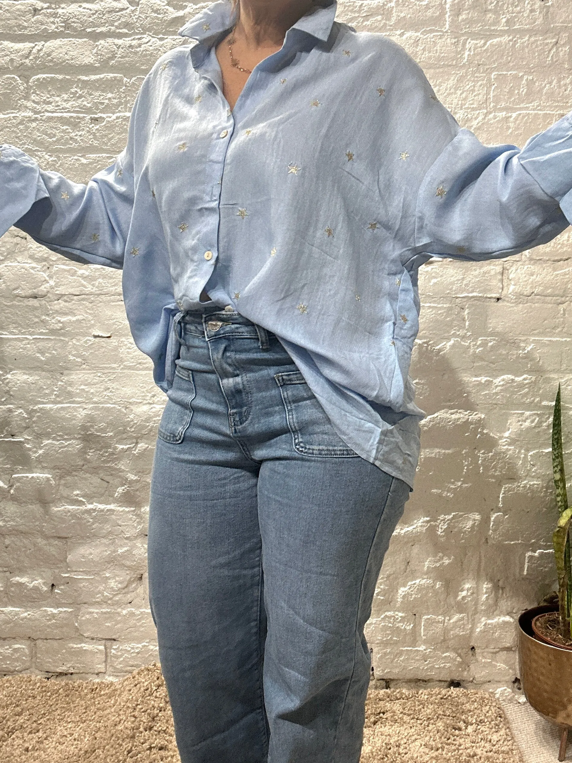 The Prezzo Linen Mix Button Through Embroidered Start Shirt Small to medium