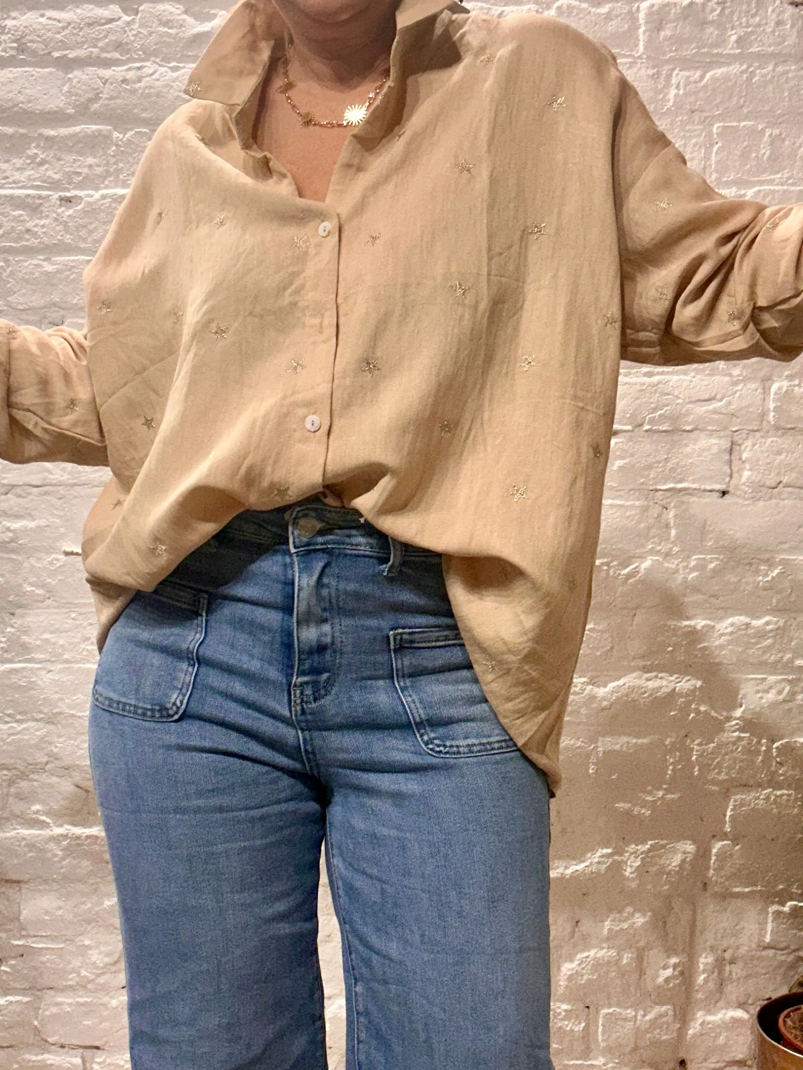 The Prezzo Linen Mix Button Through Embroidered Start Shirt Small to medium