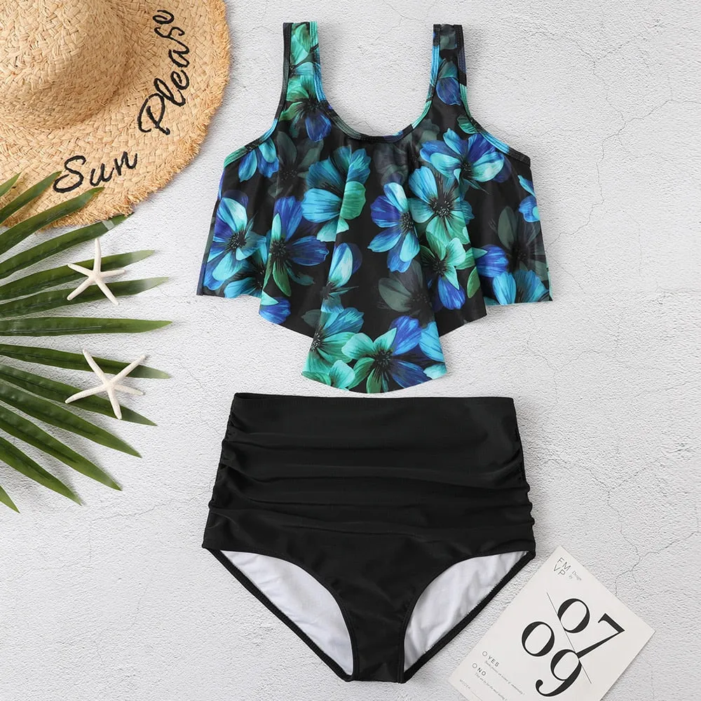 Women Summer Ruched High Waist Bikini Swimsuit