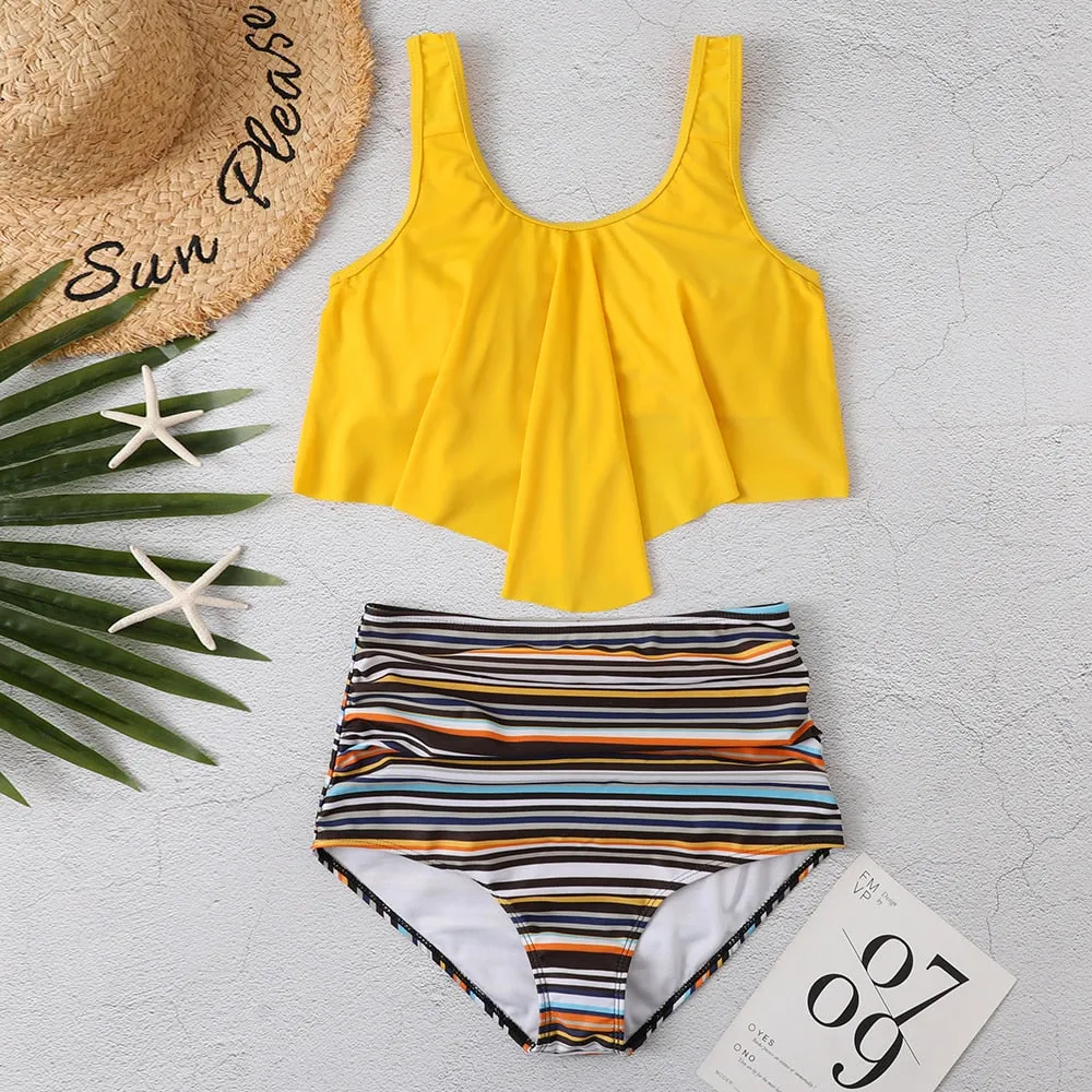 Women Summer Ruched High Waist Bikini Swimsuit