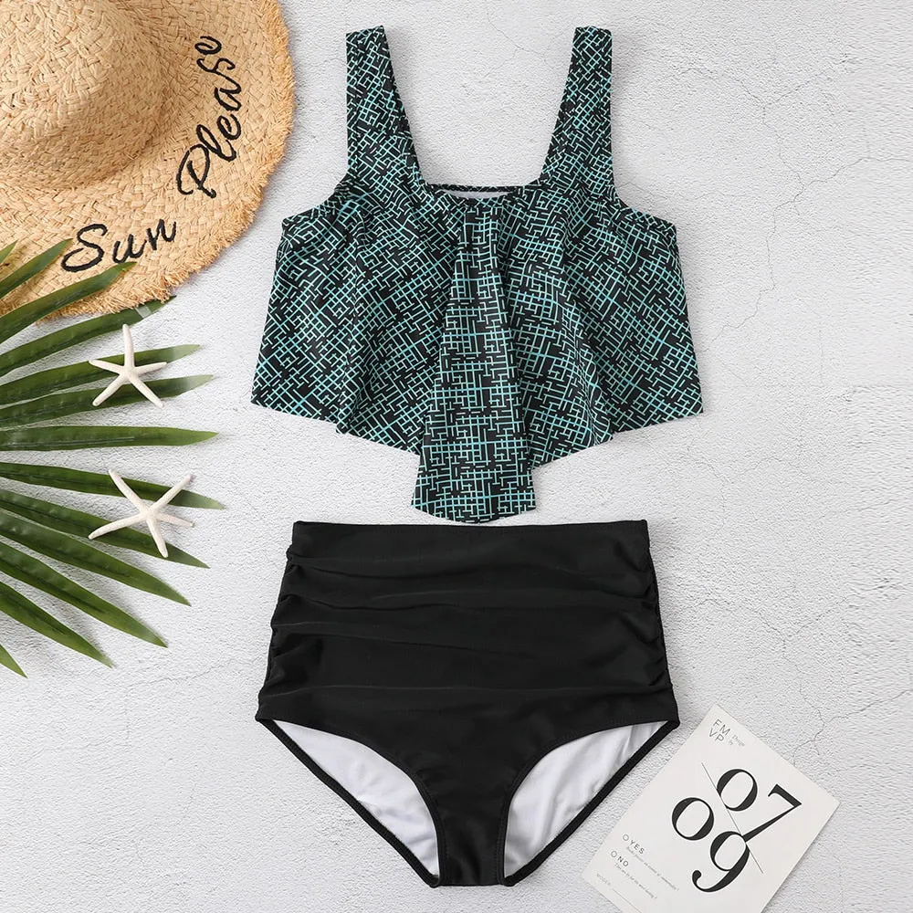 Women Summer Ruched High Waist Bikini Swimsuit