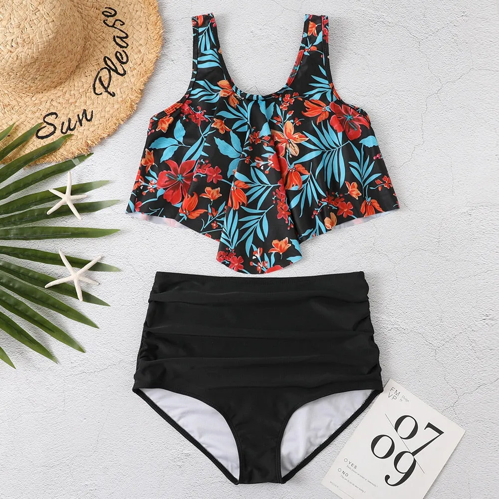 Women Summer Ruched High Waist Bikini Swimsuit