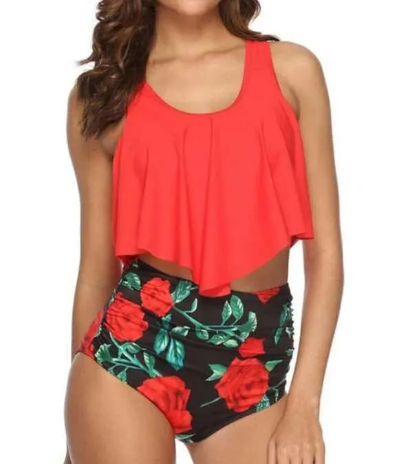 Women Summer Ruched High Waist Bikini Swimsuit