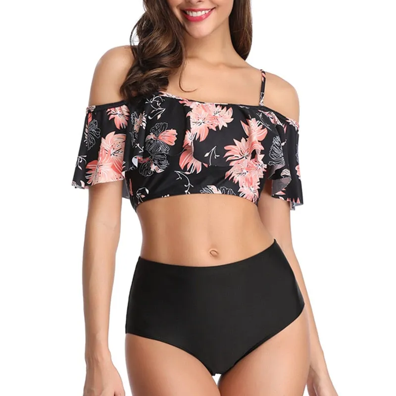 Women Summer Ruched High Waist Bikini Swimsuit